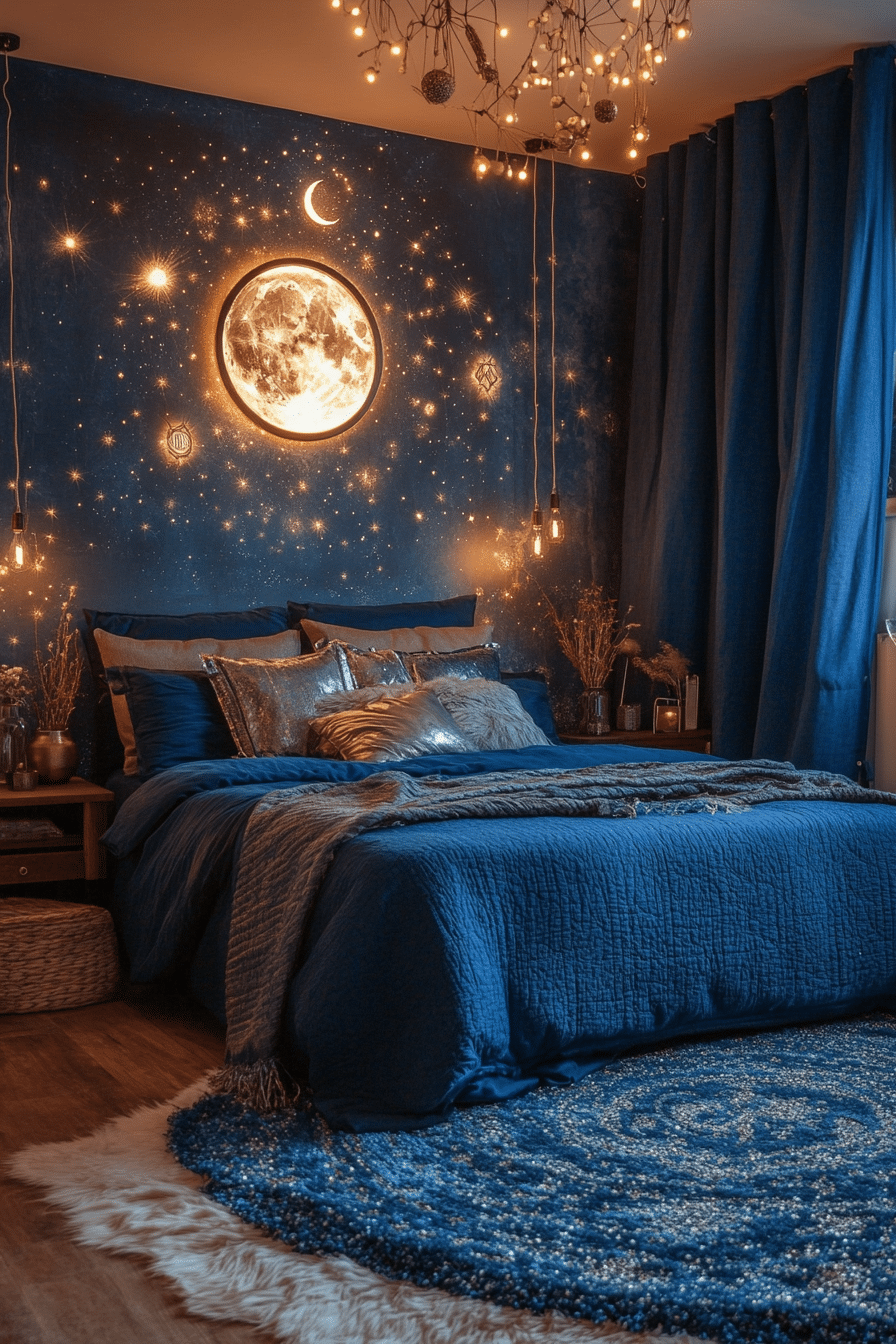 Boho bedroom with silver string lights and gauzy curtains