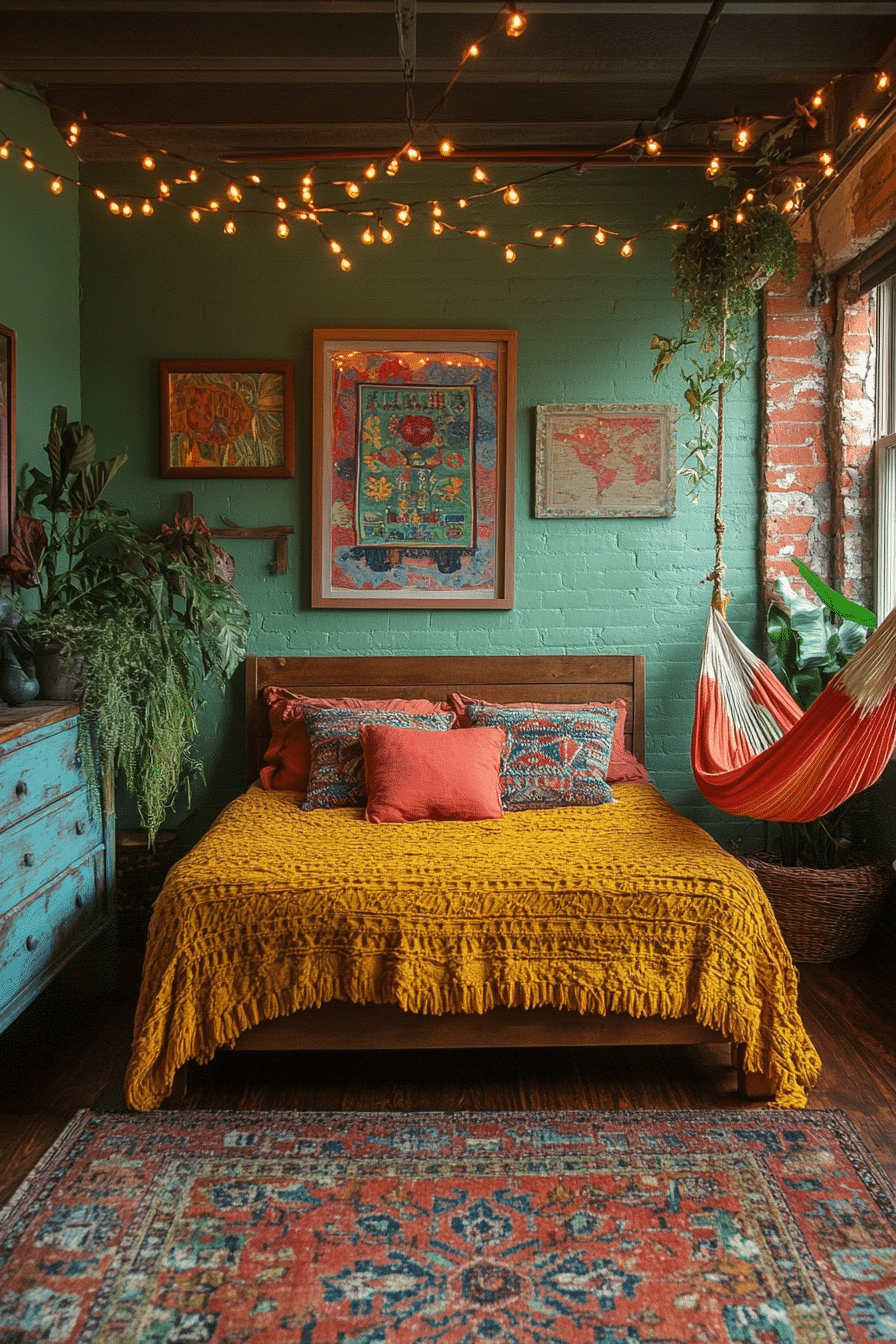 Boho bedroom with bright curtain lights and colorful decor