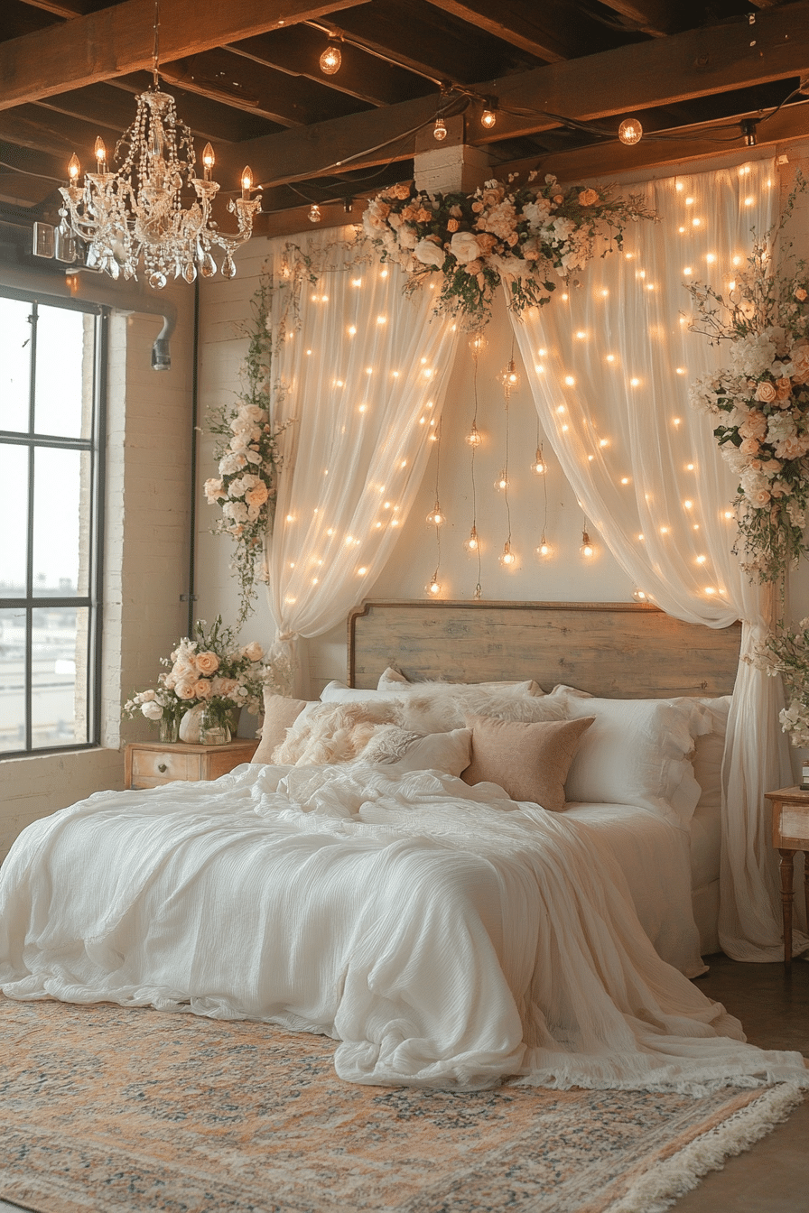 Elegant boho bedroom with sheer drapes and soft string lights