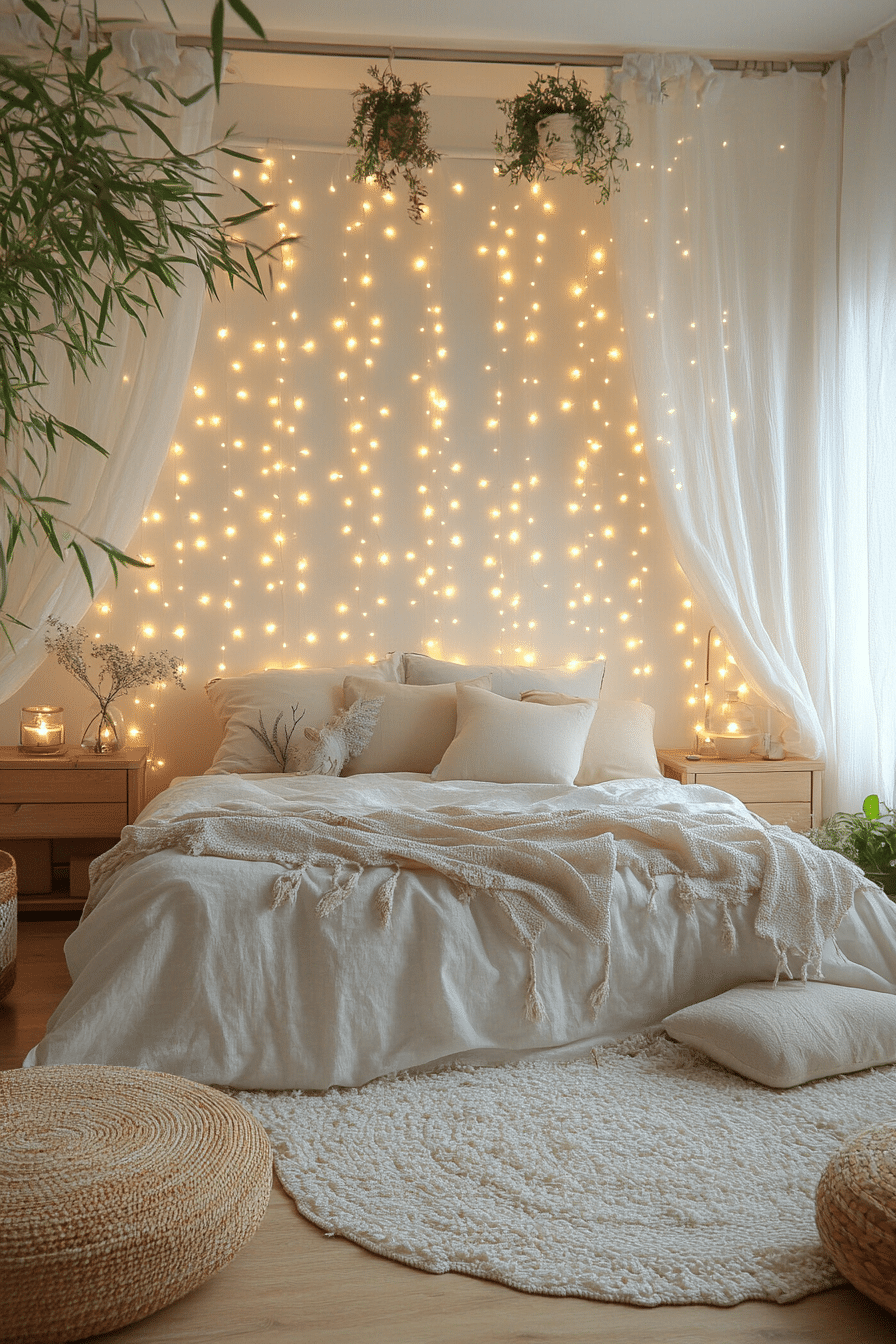 Boho bedroom with soft twinkling curtain lights and neutral textiles