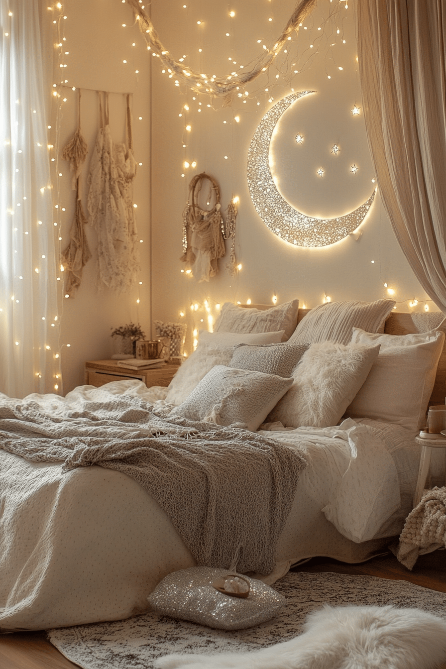 Boho bedroom with soft white curtain lights and earthy decor