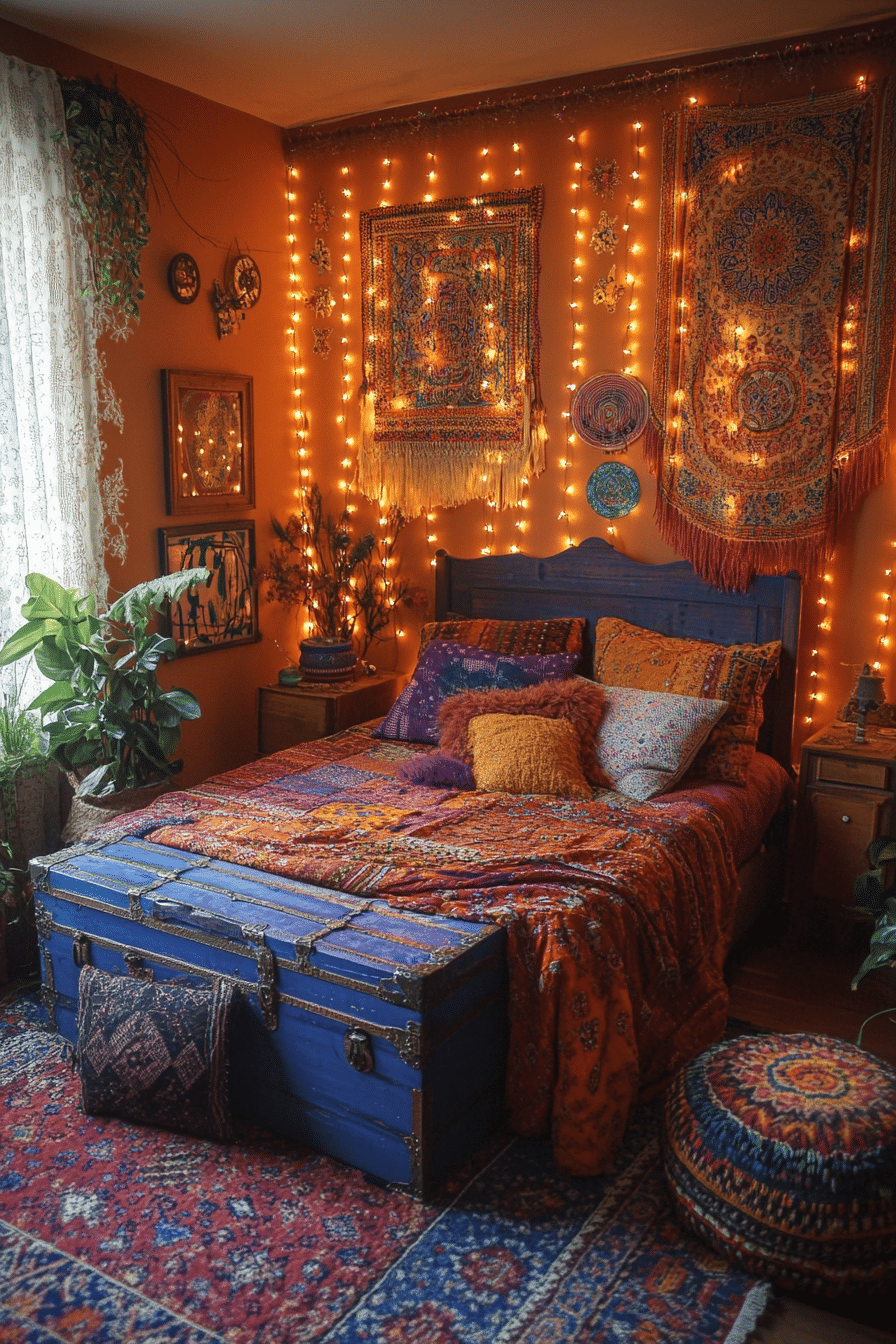 Boho bedroom with colorful curtain lights and eclectic decor