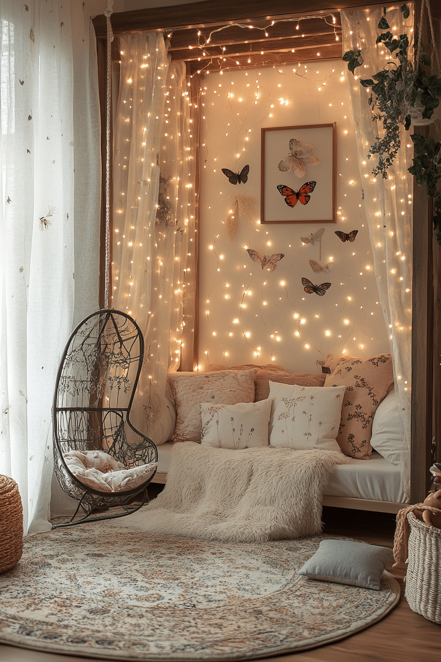 Boho bedroom with playful curtain lights and unique accessories