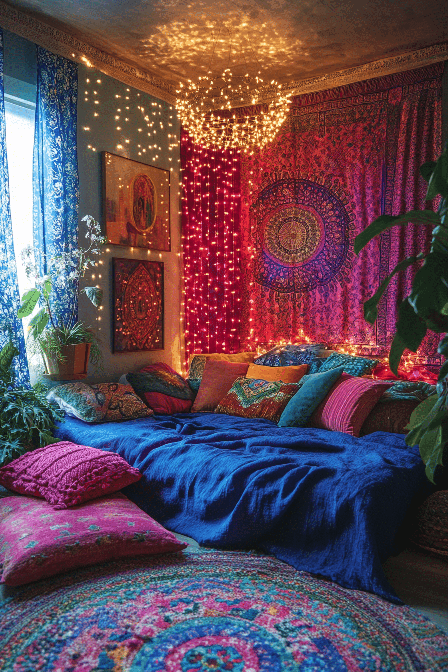 Boho bedroom with bright colorful curtain lights for evening energy