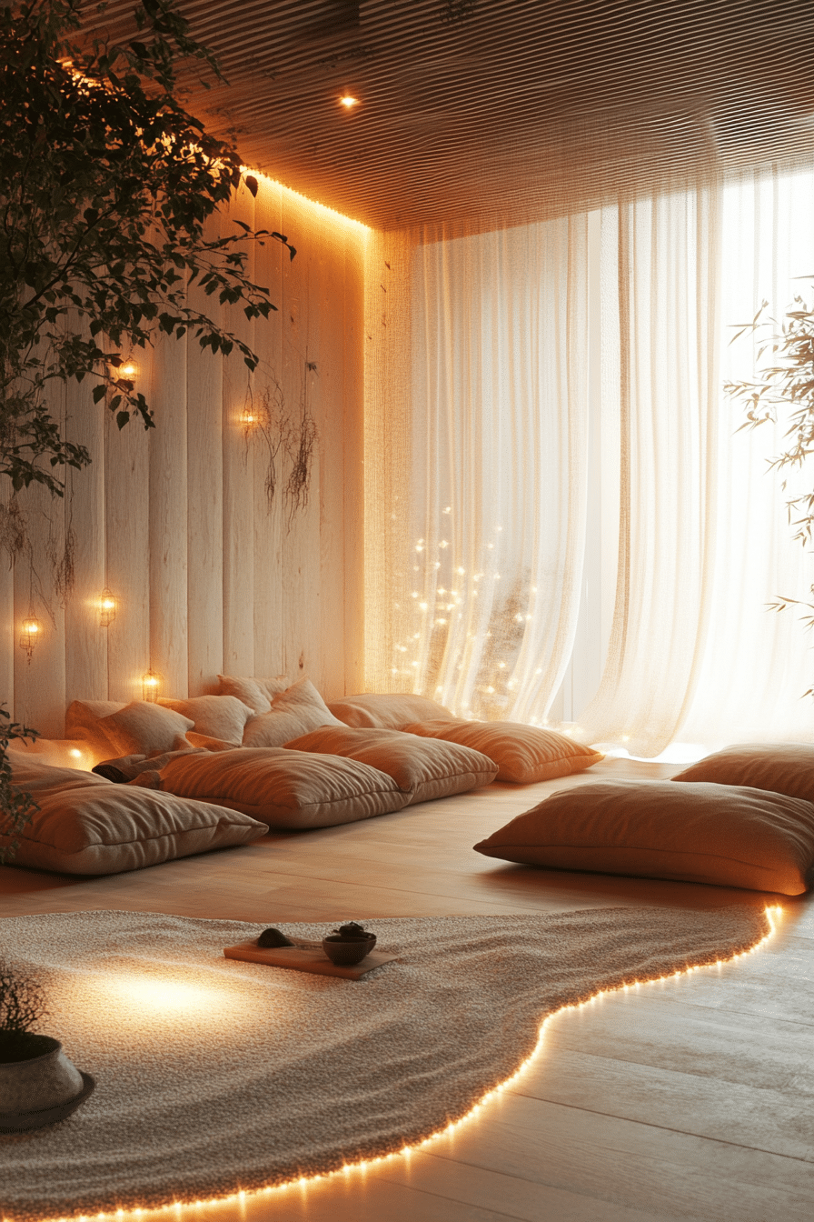 Boho bedroom with warm glowing curtain lights and plush decor