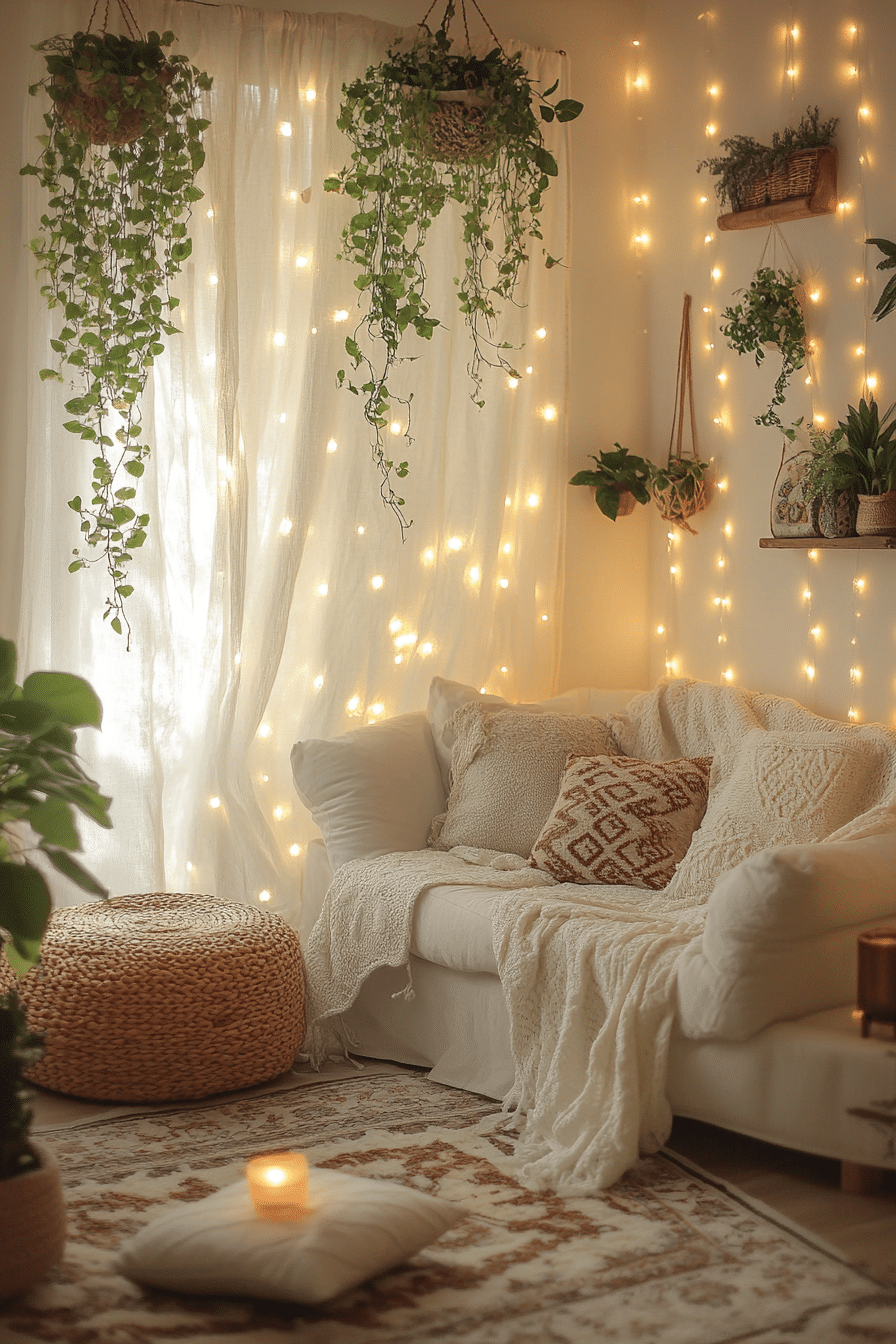 Boho bedroom with curtain lights creating soft shadows and textured decor