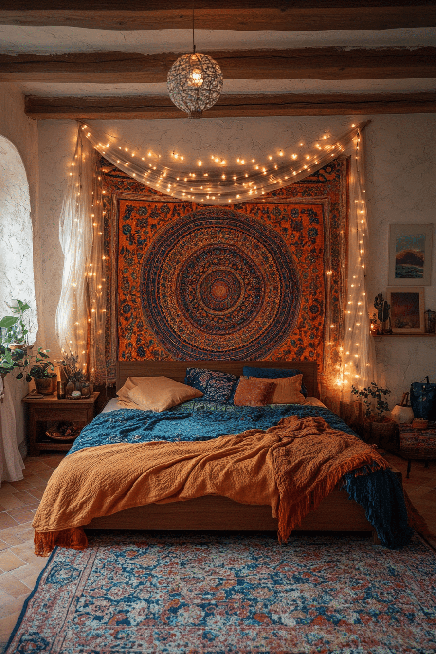 Boho bedroom with curtain lights accentuating tapestries and layered textiles