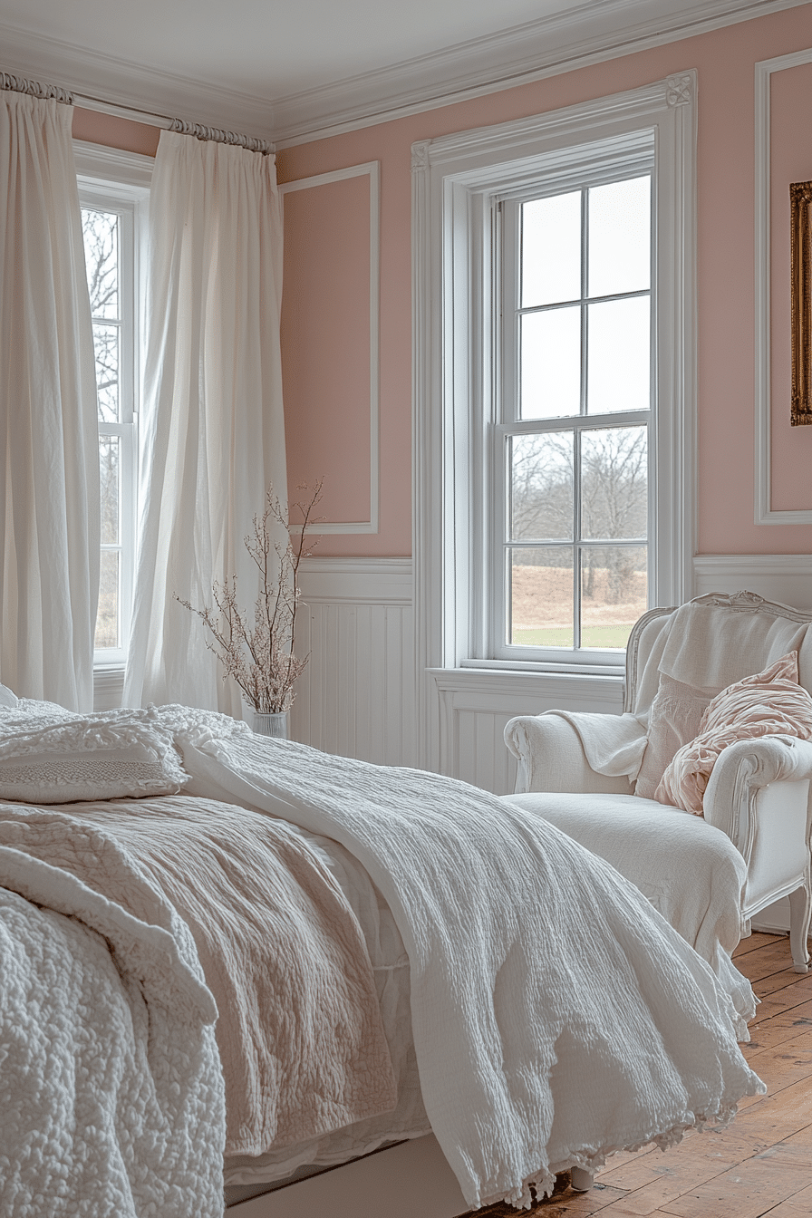 Soft pink and white bedroom with string lights