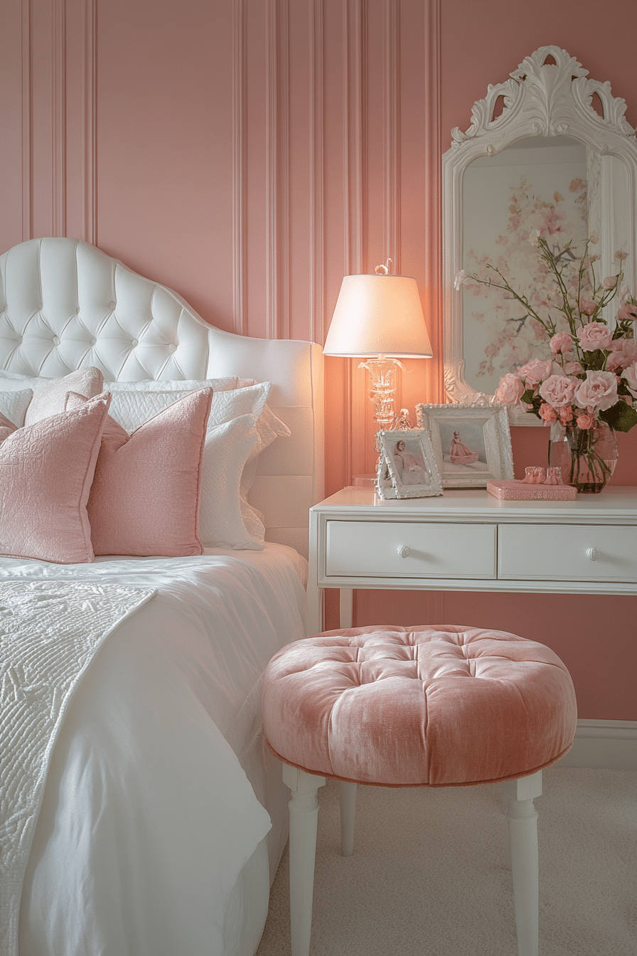 Pink and white bedroom with DIY artwork