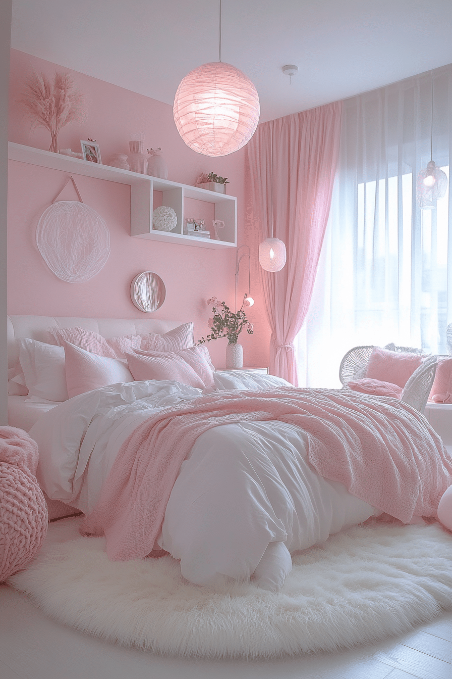 Soft pink and white bedroom with fairy lights