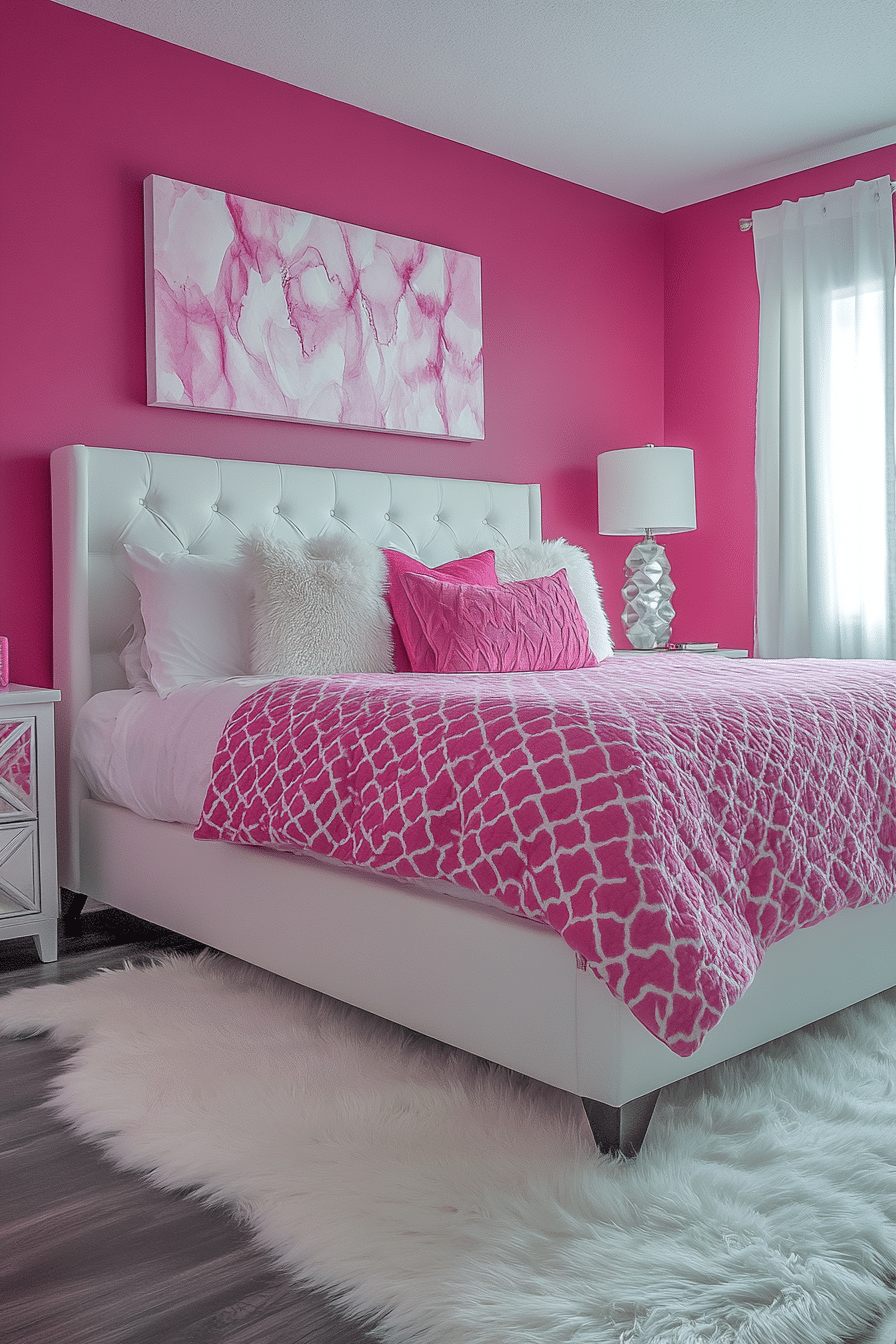 Bold pink and white bedroom design