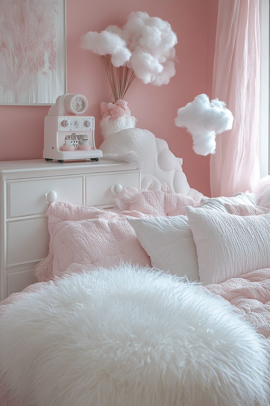 Striped pink and white bedroom with whimsical touches