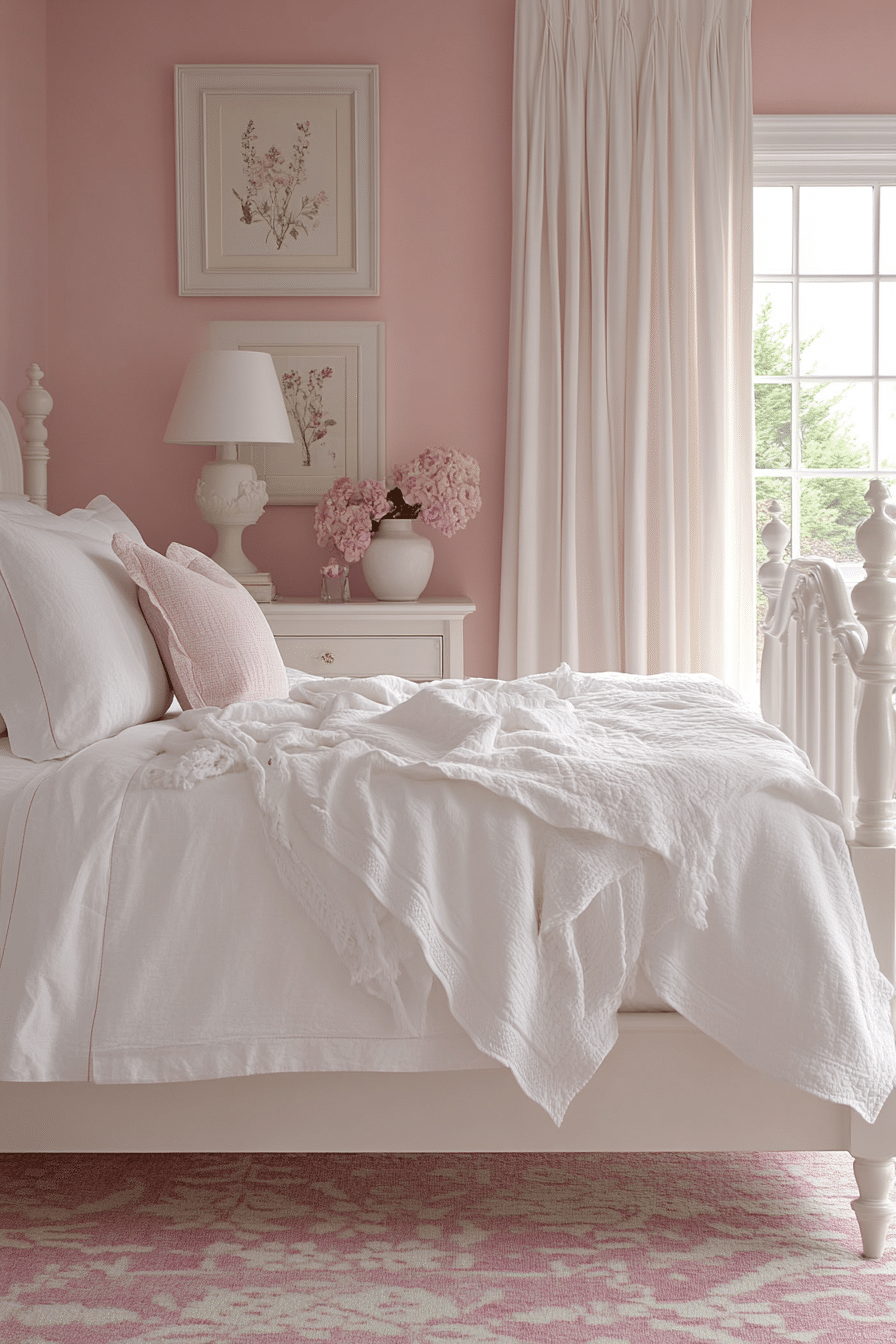 Cozy pink and white bedroom with warm accents