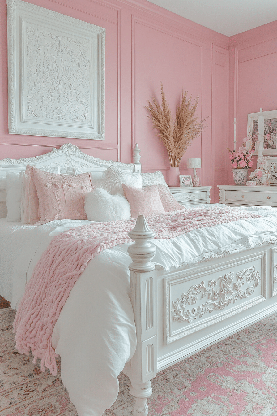 Magical pink and white bedroom with creative lighting