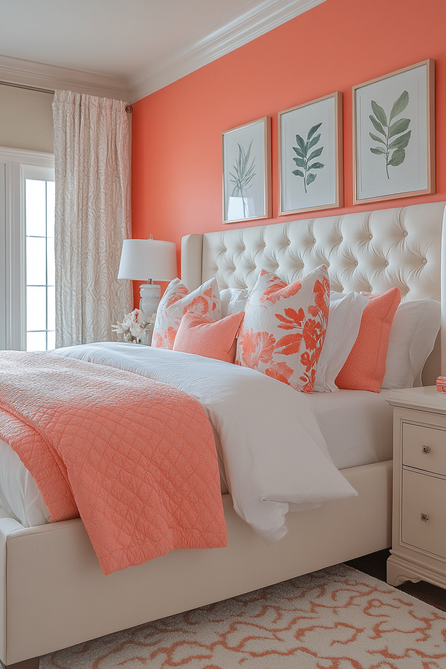 Energetic pink and white bedroom with coral accents