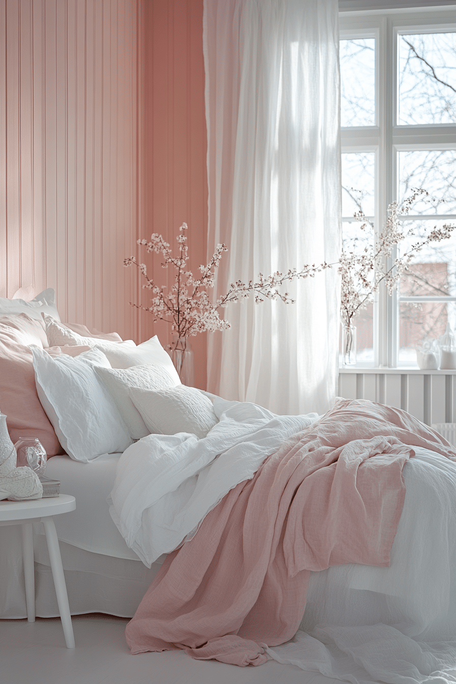 Bright pink and white bedroom with baby pink accents