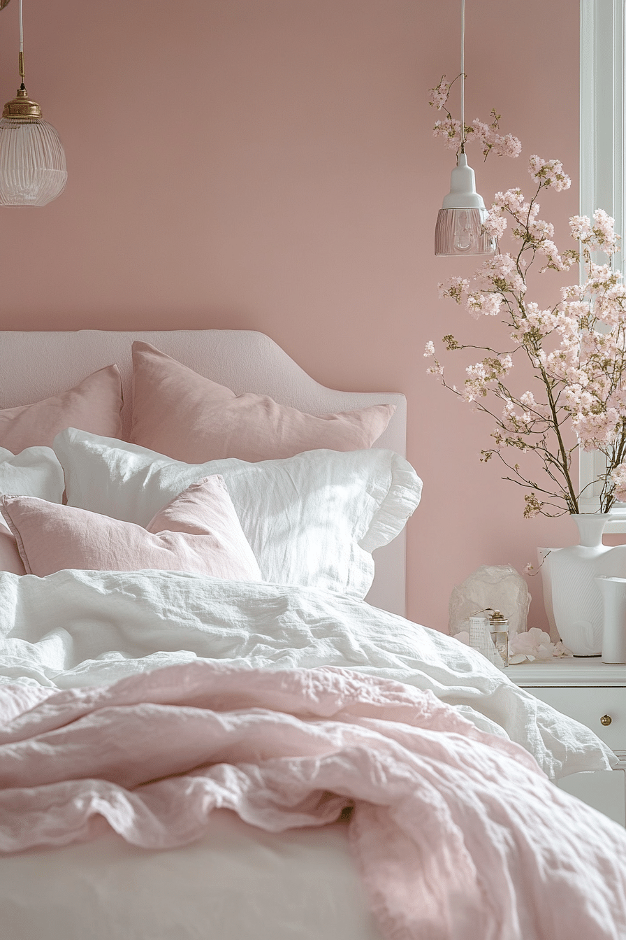 Luxurious pink and white bedroom with pearl accents