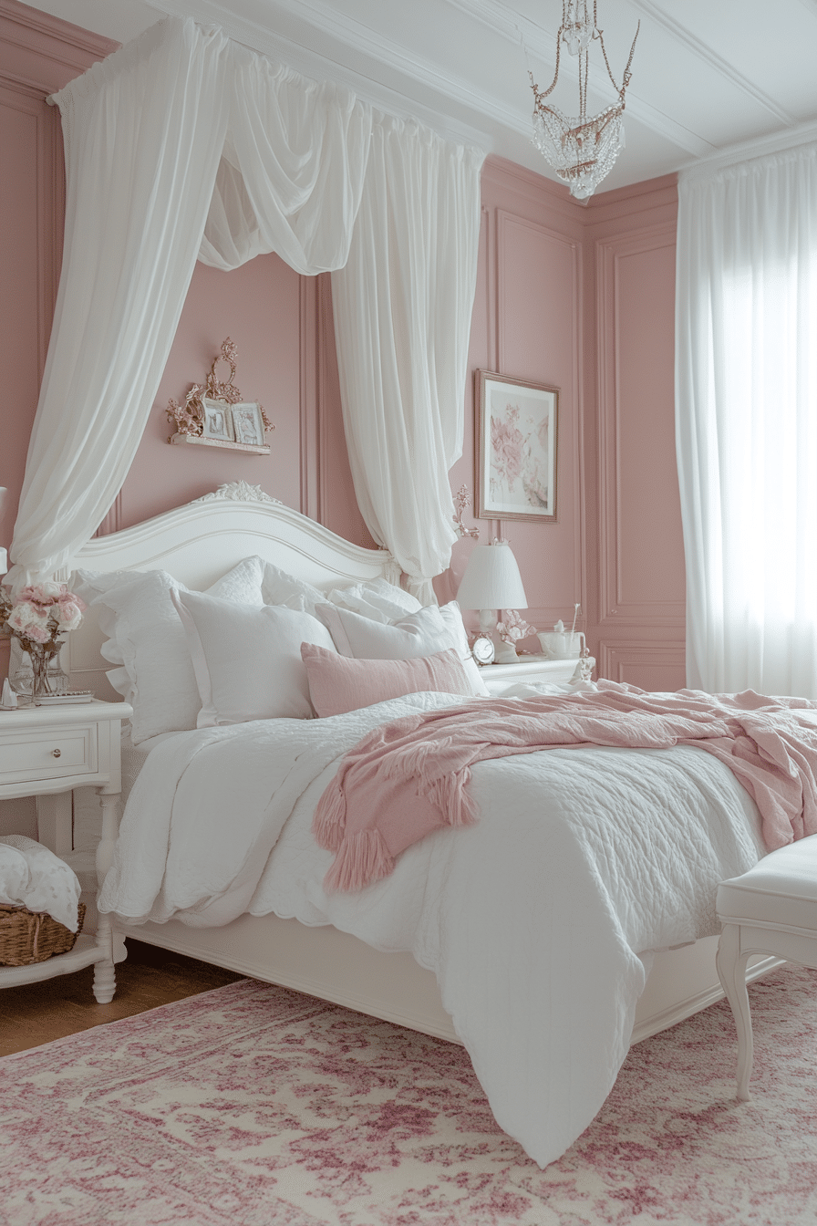 Contemporary pink and white bedroom with sleek design