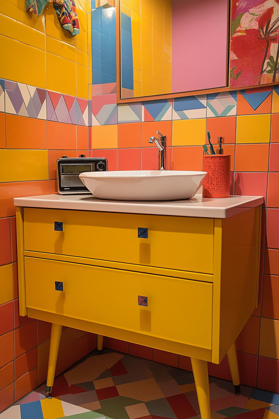 Bathroom with colorful retro tiles and modern cabinetry