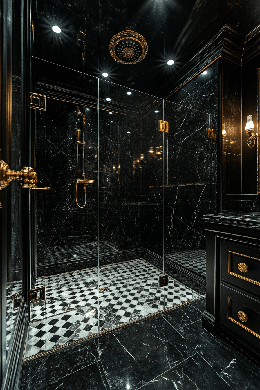 Art Deco bathroom with geometric tiles and brass accents