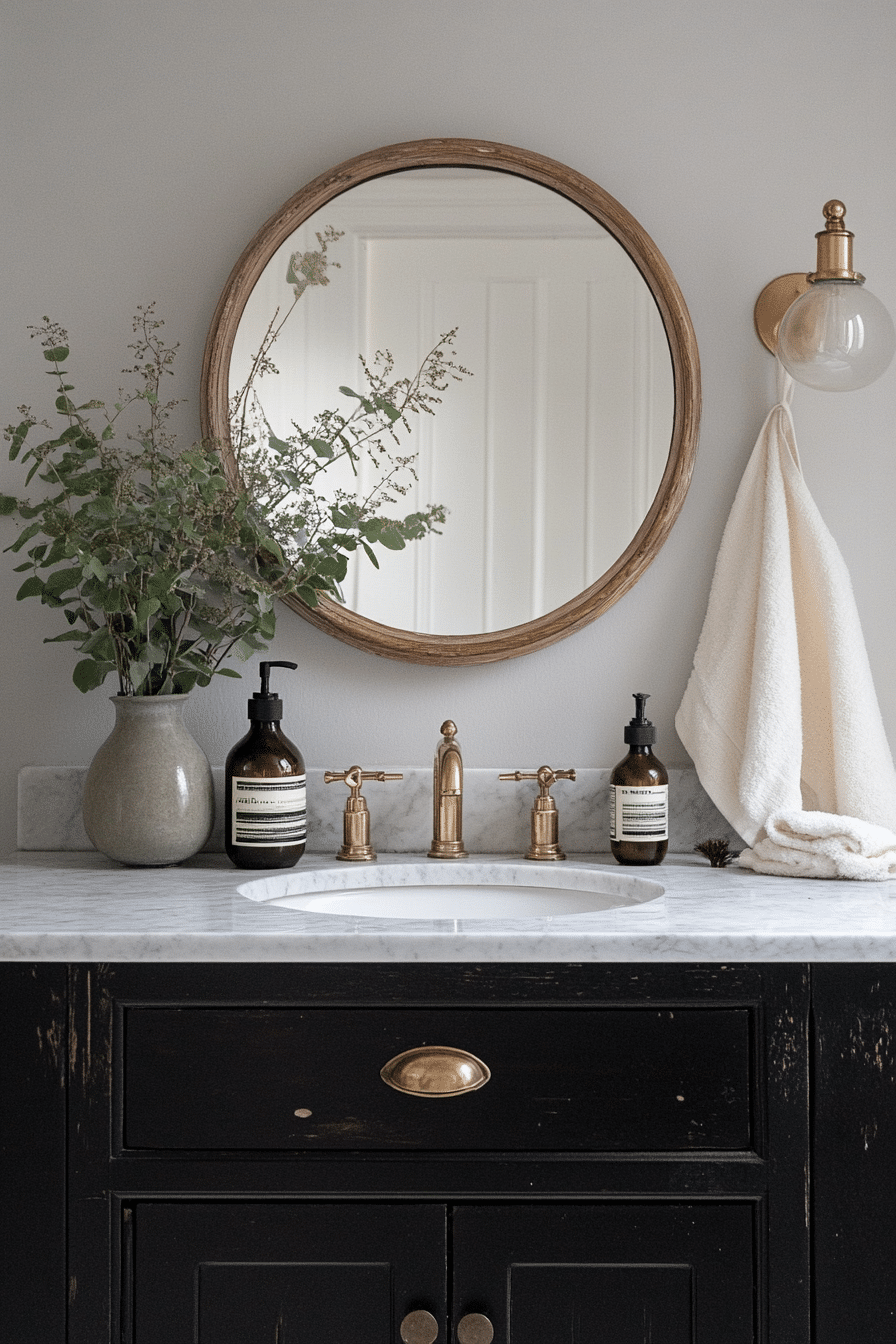 Calm bathroom with wooden vanity and soft lighting