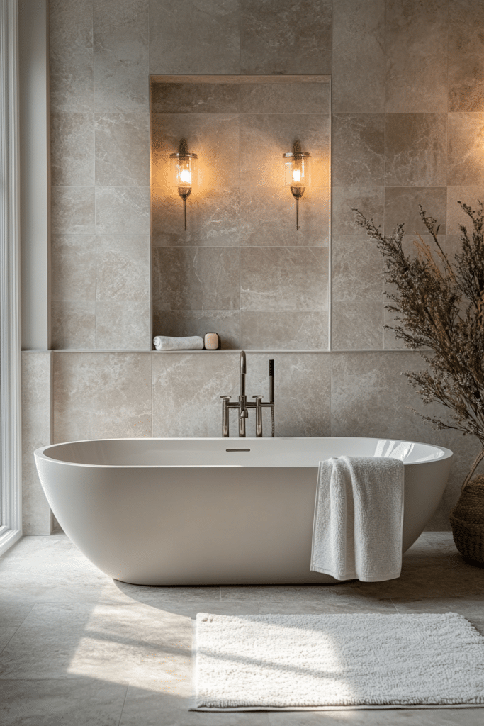 Spa-inspired vintage bathroom with standalone tub and ornate tiles