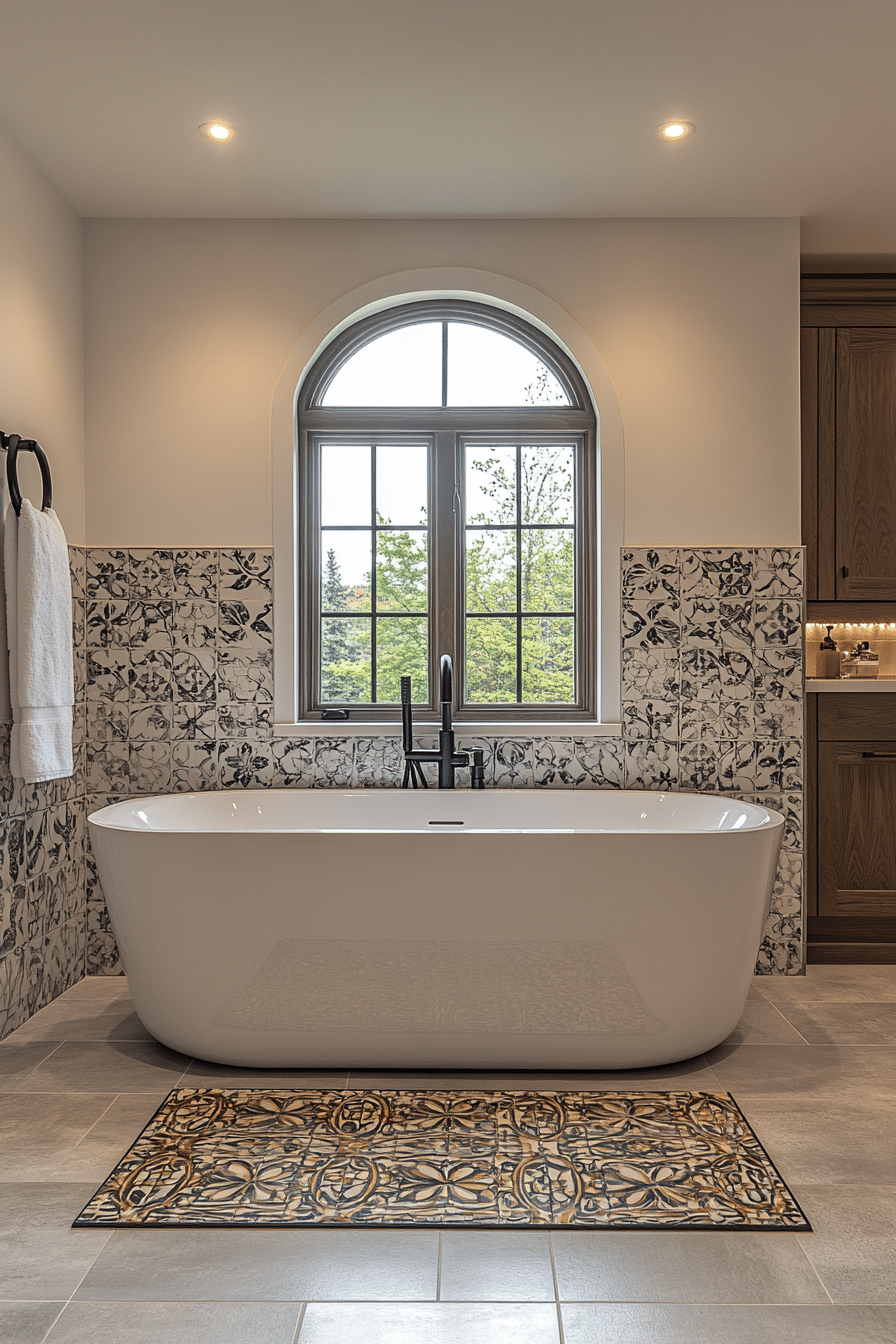 Bathroom featuring curved mirrors and organic tile patterns