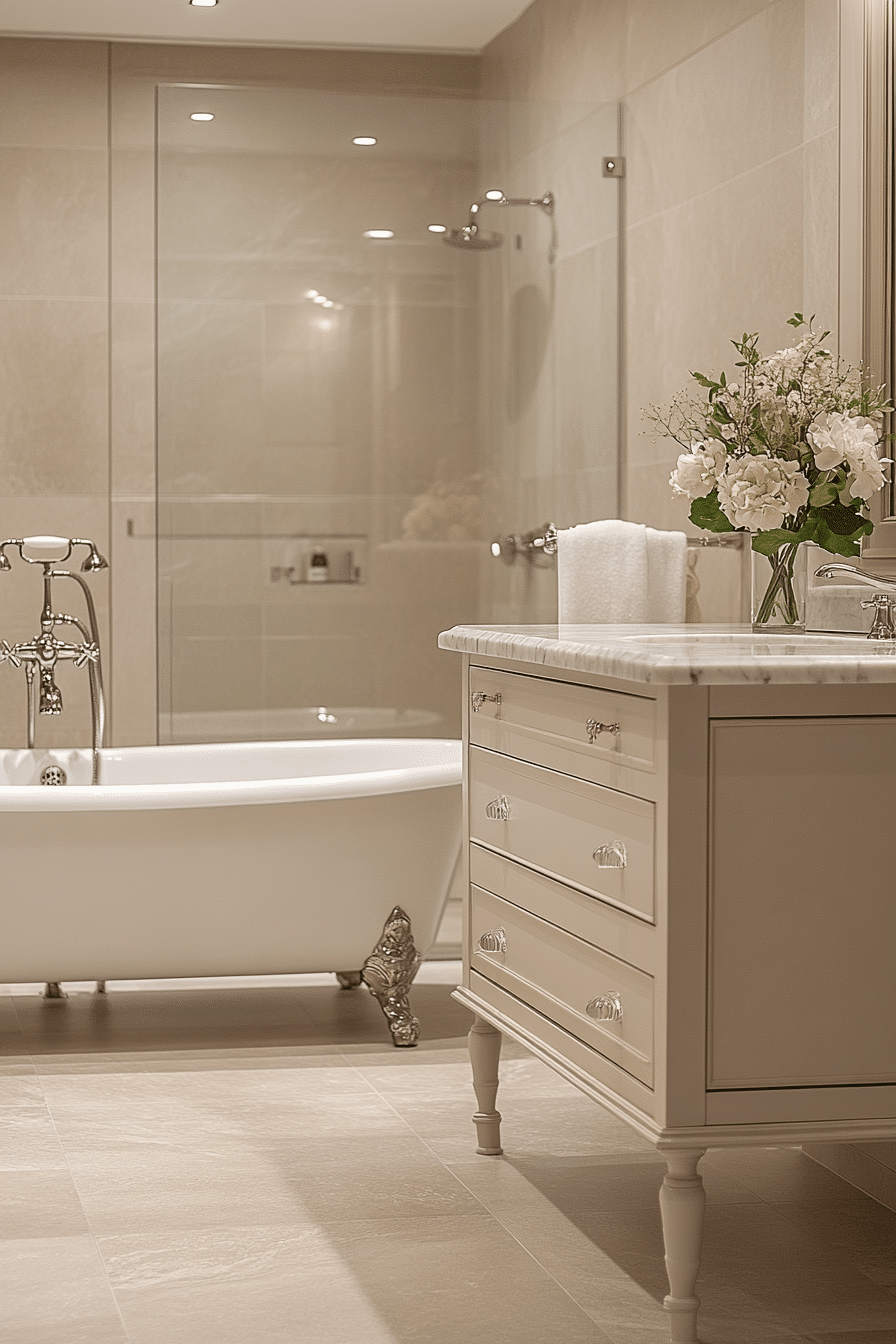 Bathroom with carved wood vanity and brass accents
