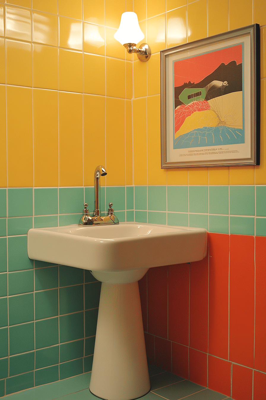 Bathroom with vibrant mid-century tiles and modern lighting
