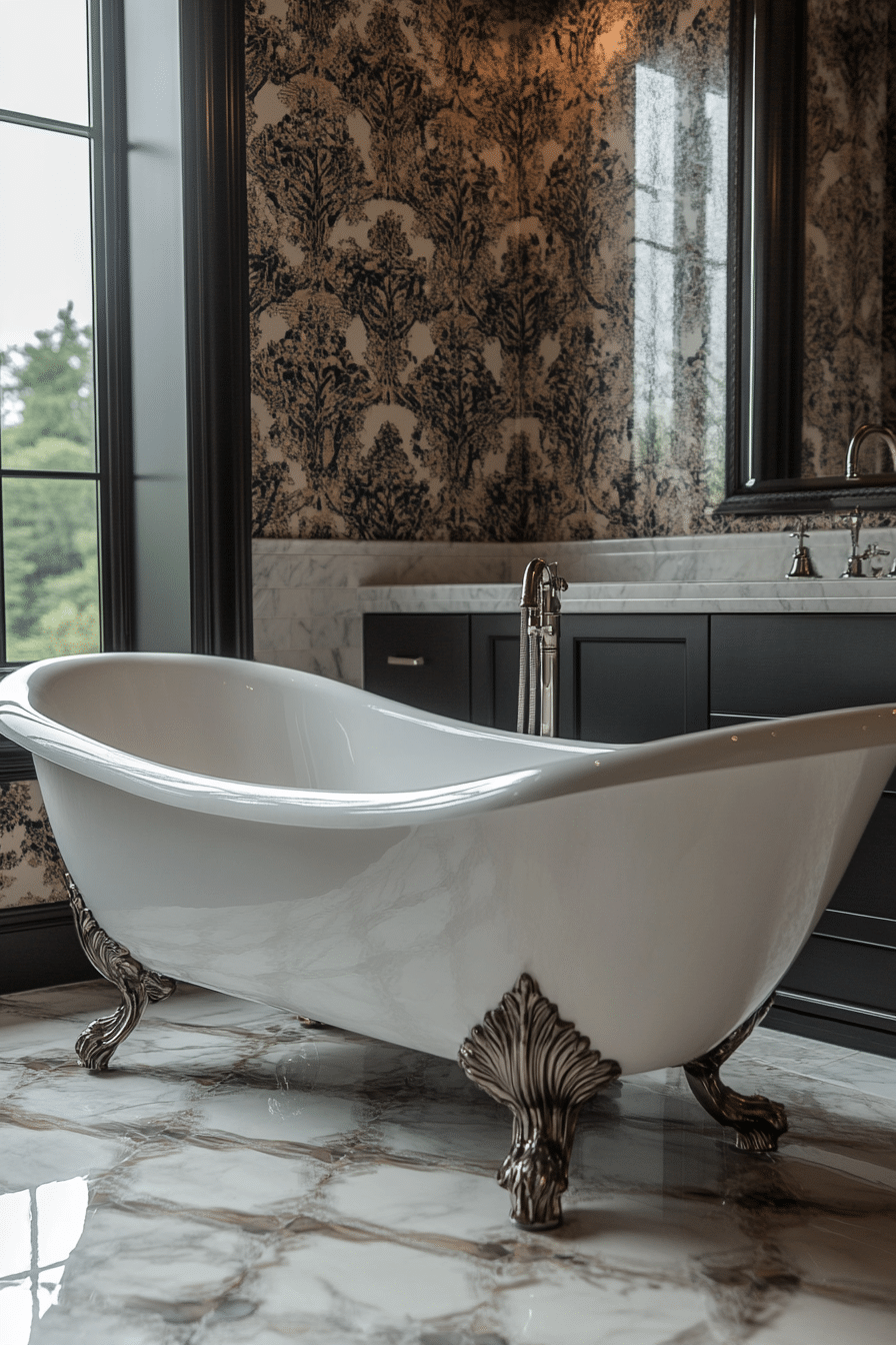 Bathroom with gilded mirrors and streamlined cabinetry