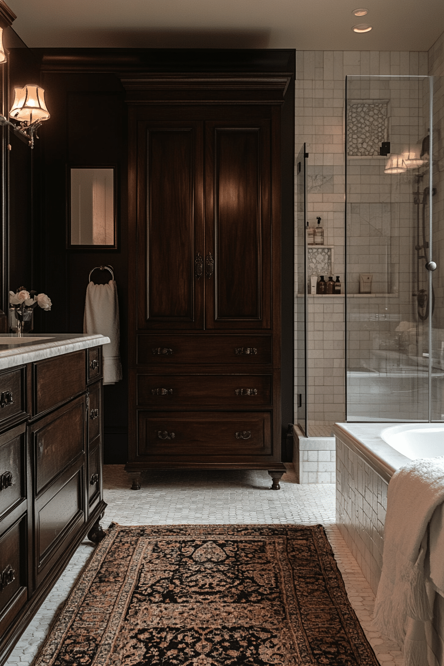 Bathroom with antique sconces and modern bathtub