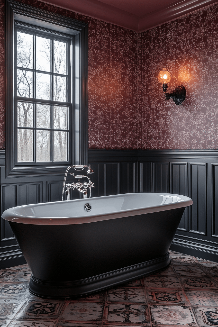 Bathroom with Victorian wallpaper and glass shower enclosure