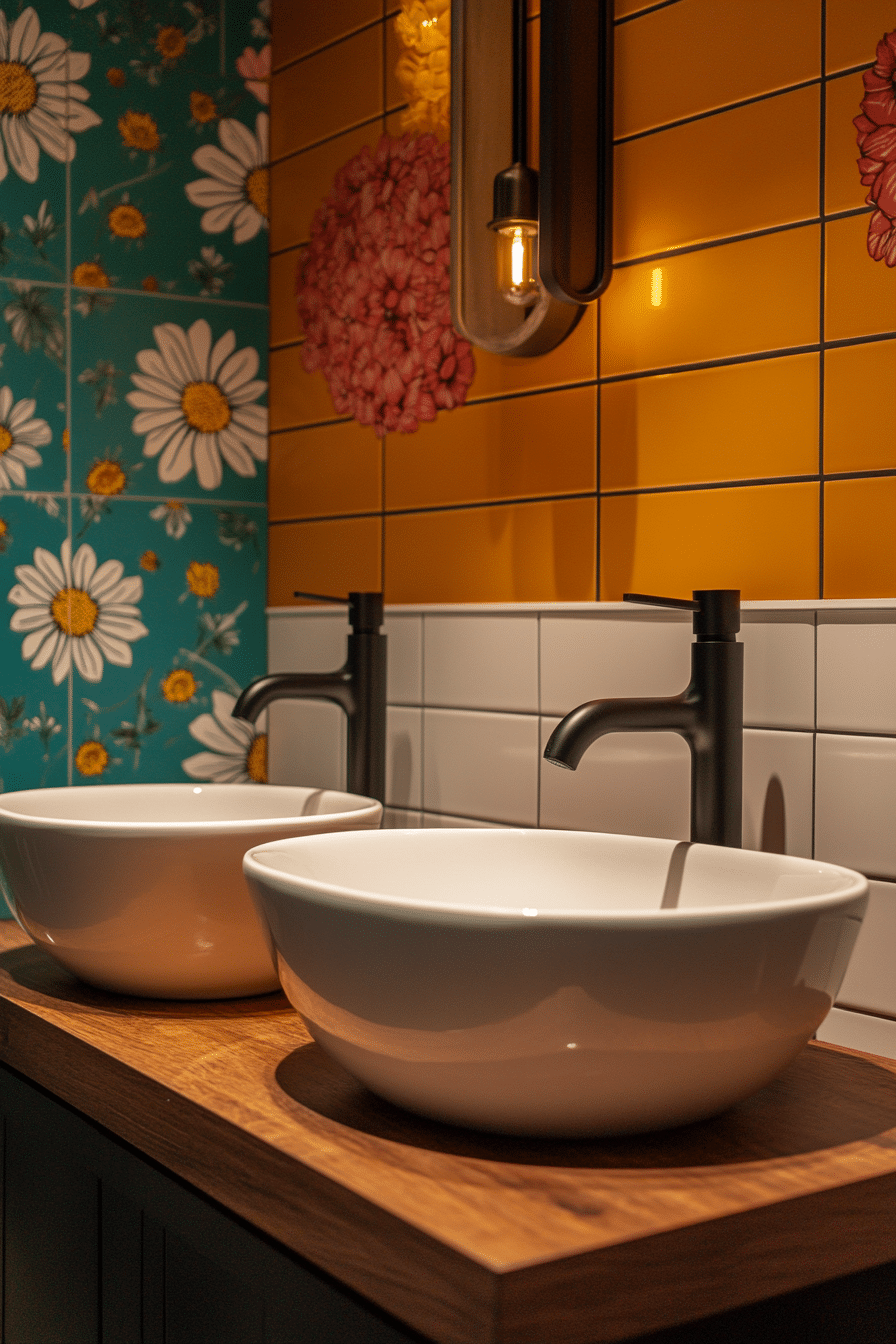 Bathroom with colorful retro tiles and modern surfaces
