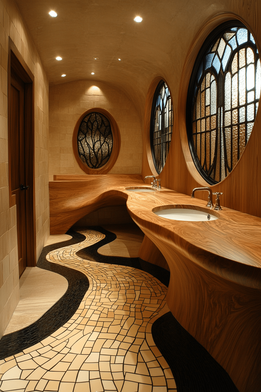 Bathroom with floral motifs and curved mirrors
