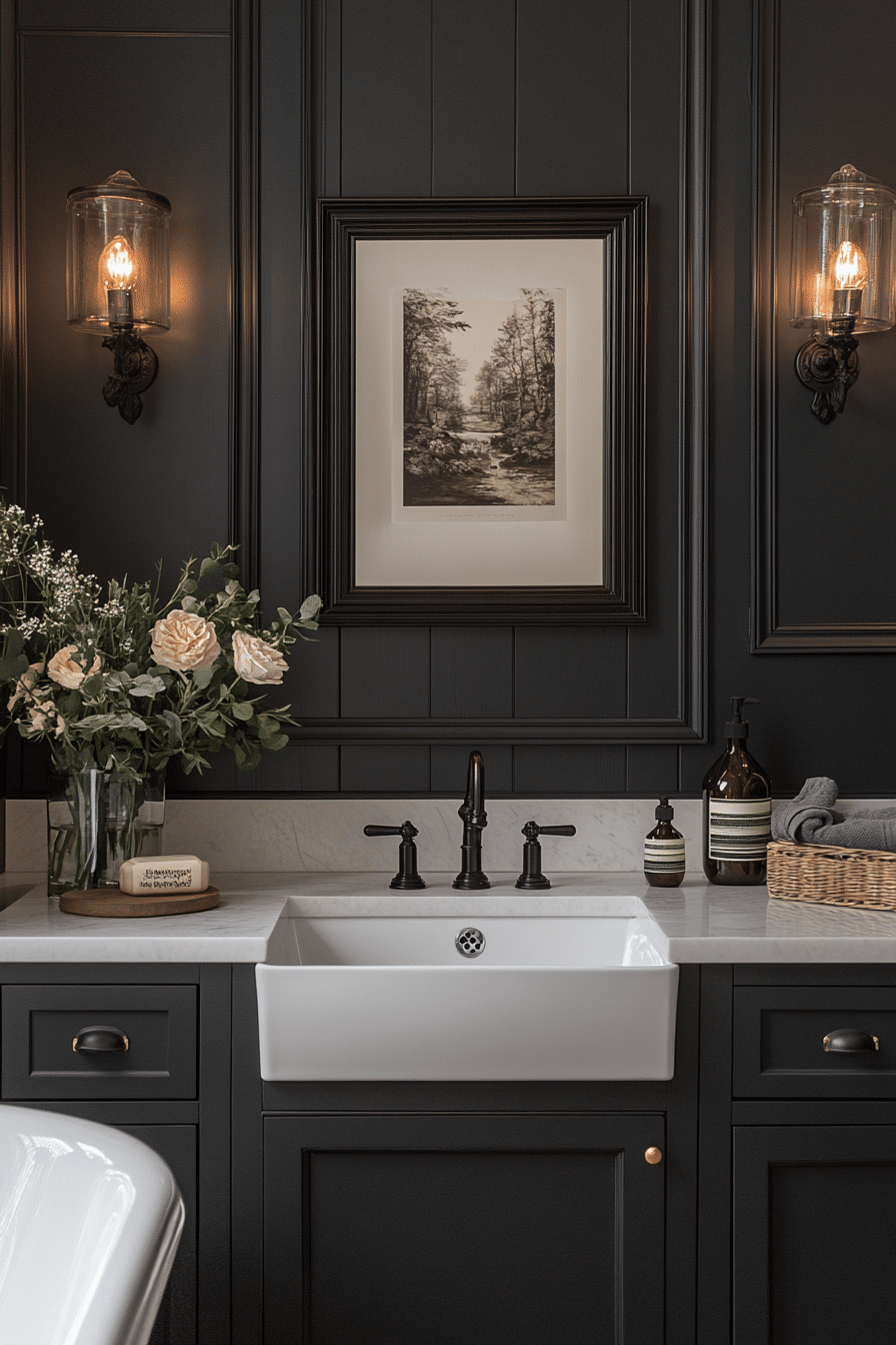Bathroom with brass faucets and retro vanity