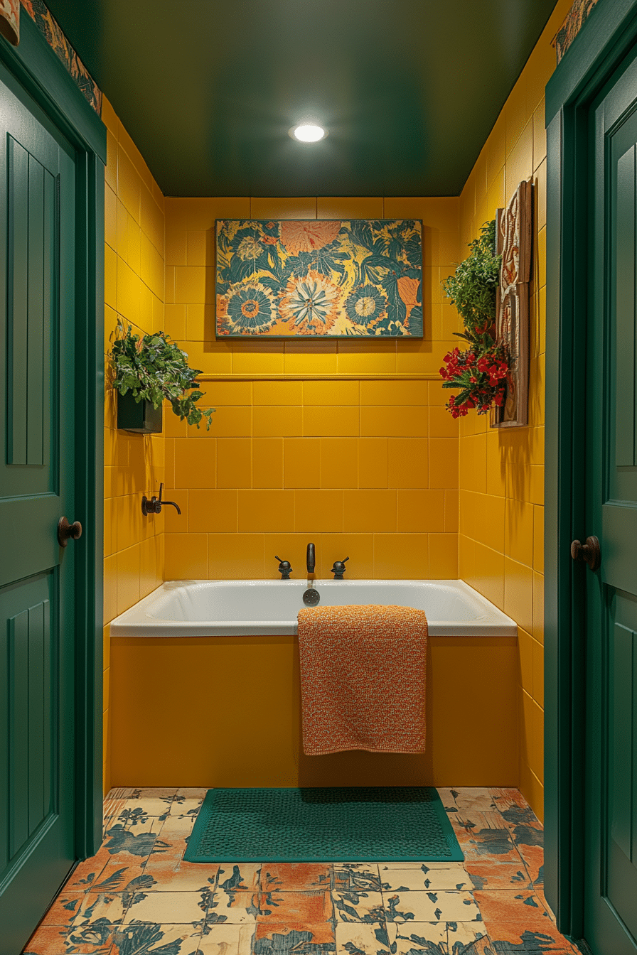 Bathroom with pastel colors and mid-century lighting