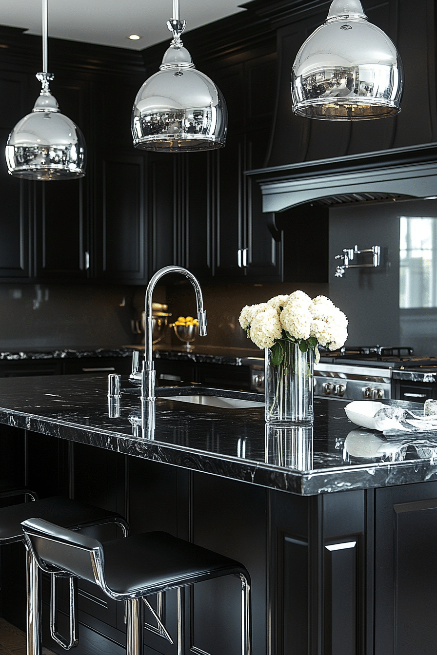 Black kitchen with chrome hardware