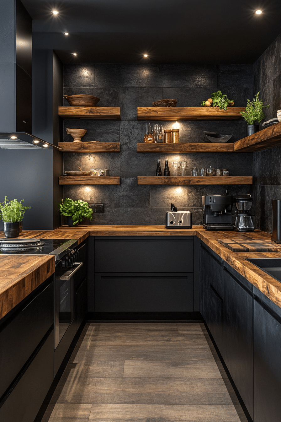 Black kitchen with wooden accents