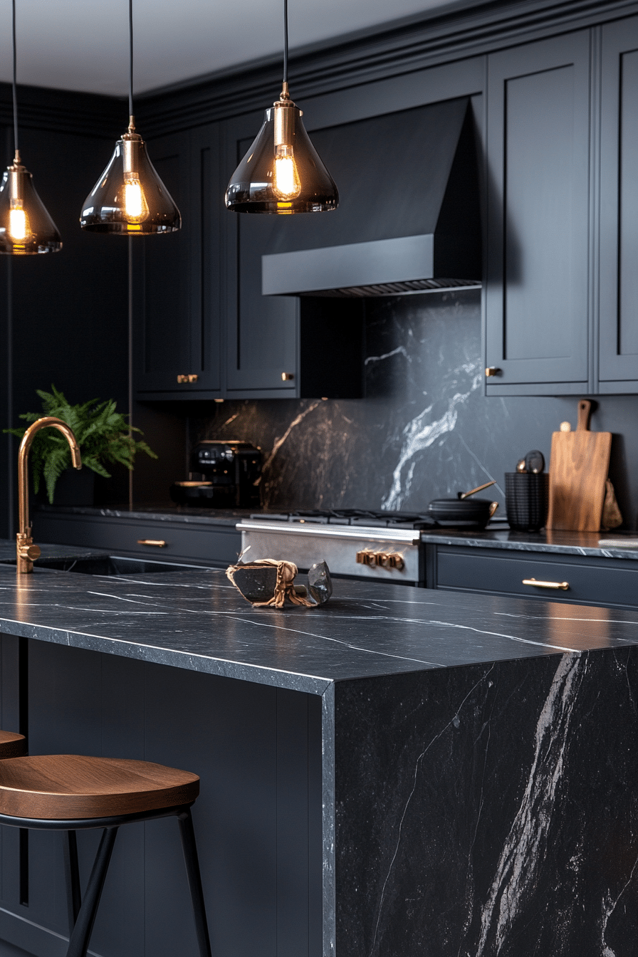 Black kitchen with stone countertops
