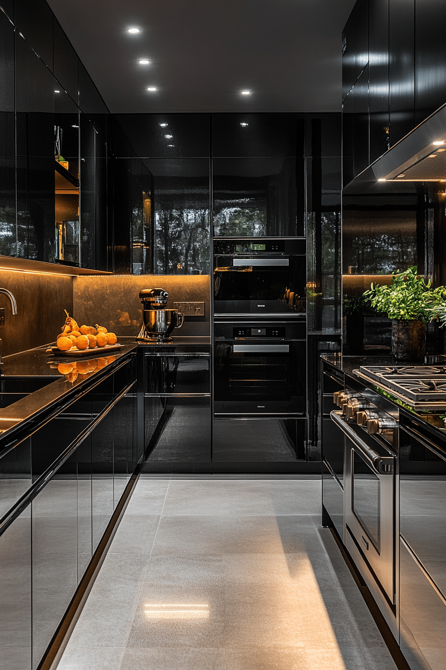 Black kitchen with glass-front cabinets