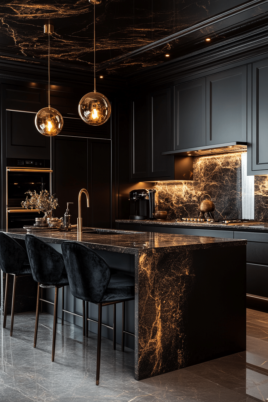 Black kitchen with gold hardware