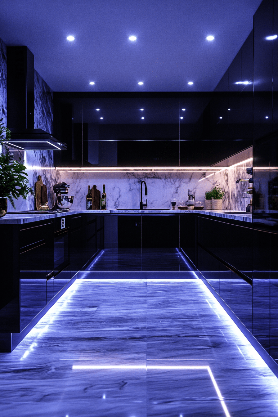 Black kitchen with LED lighting