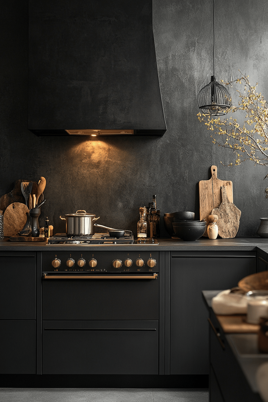 Satin black kitchen cabinets