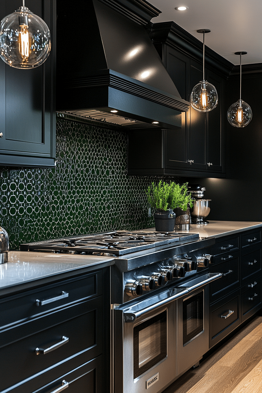 Black kitchen with emerald green accents