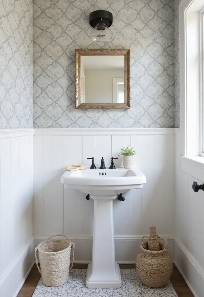 Contemporary Geometric Tiles in Half Bathroom with Pedestal Sink