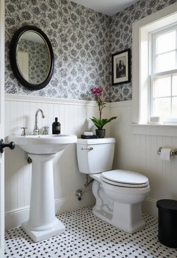 Subtle Monochrome Patterns in Half Bathroom with Pedestal Sink