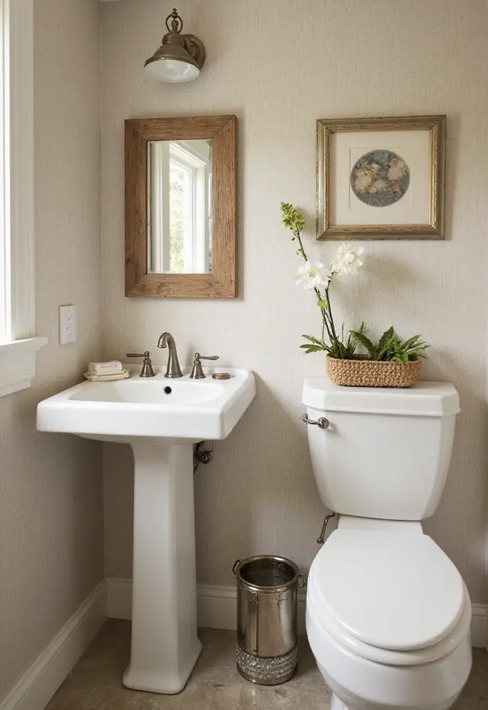 Soft Linen Textures in Half Bathroom with Pedestal Sink