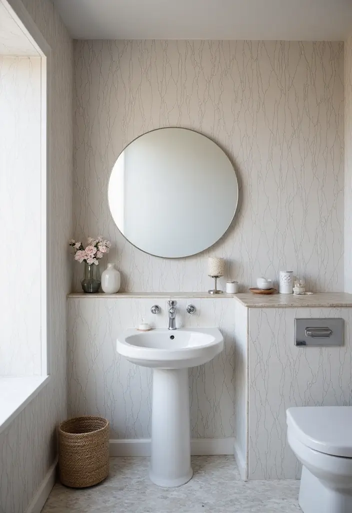 Abstract Line Art in Half Bathroom with Pedestal Sink