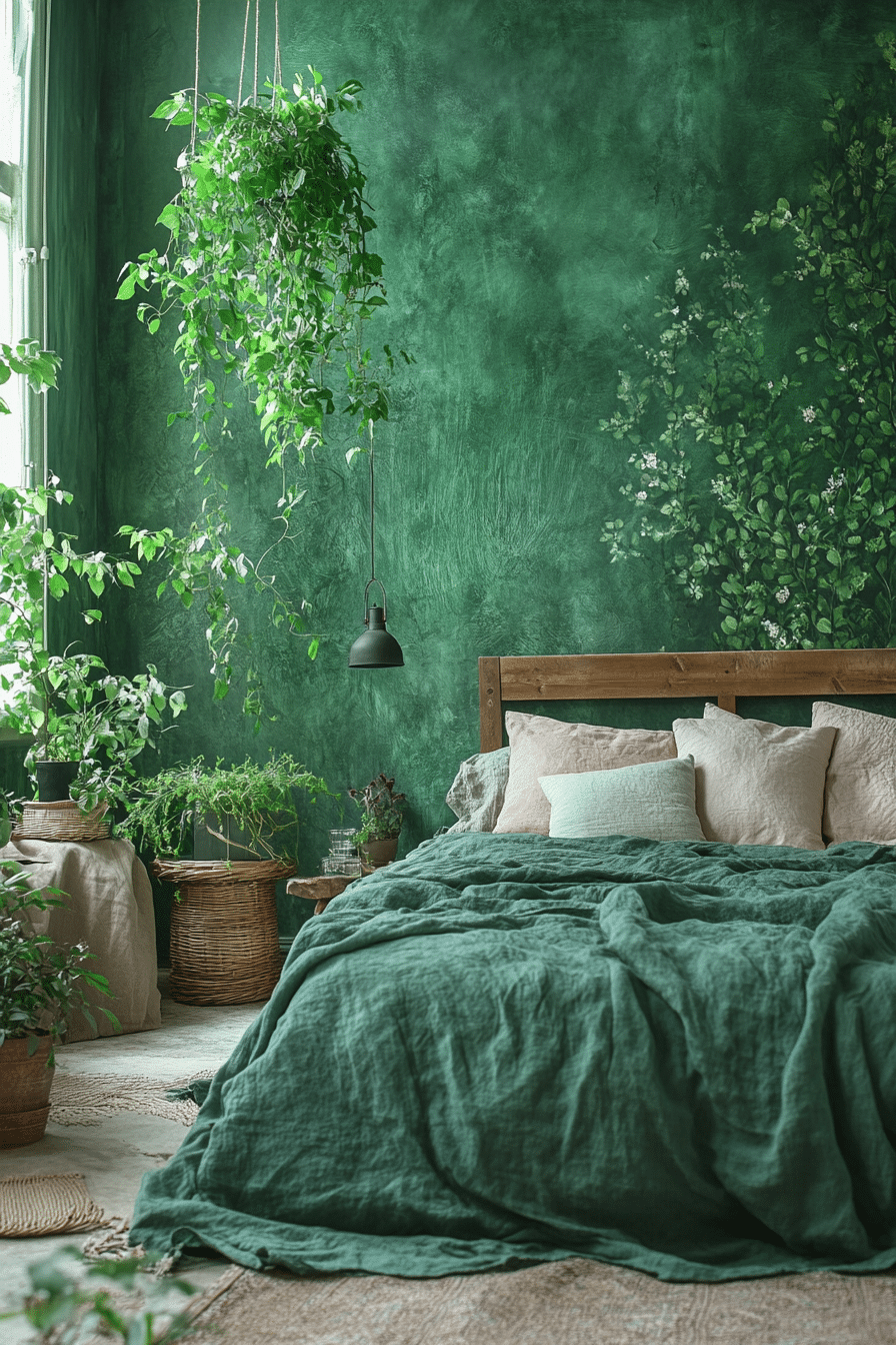 Forest-inspired bedroom with natural wood