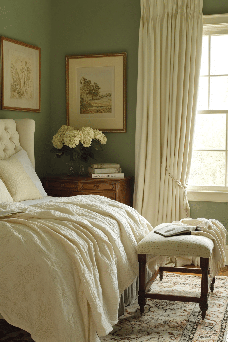 Olive green bedroom with creamy whites and gold